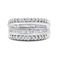 14K White Gold 1.00 Cttw Round and Baguette-Cut Diamond Modern Band Ring (H-I Color, SI2-I1 Clarity) - Ring Size 7