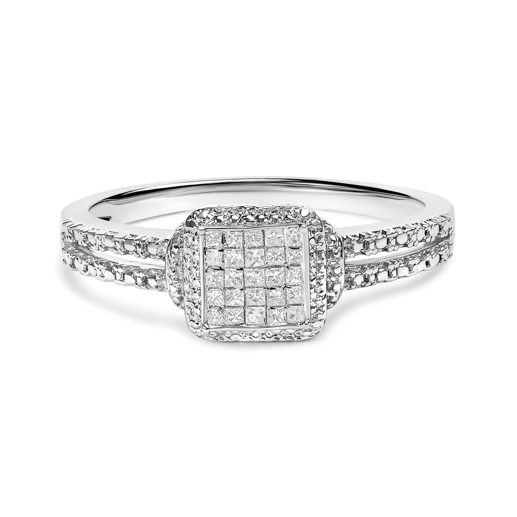 .925 Sterling Silver 1/4 Cttw Princess-cut Diamond Composite Ring with Beaded Halo (H-I Color, SI1-SI2 Clarity) - Size 7