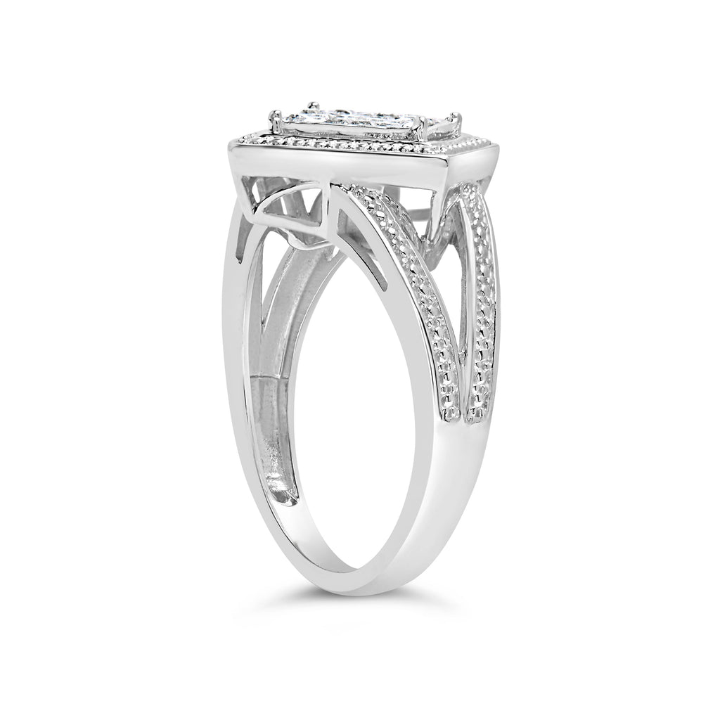 .925 Sterling Silver 1/3 Cttw Invisible Set Princess-Cut Diamond Rhombus and Beaded Halo Ring (H-I Color, SI1-SI2 Clarity) - Ring Size 7