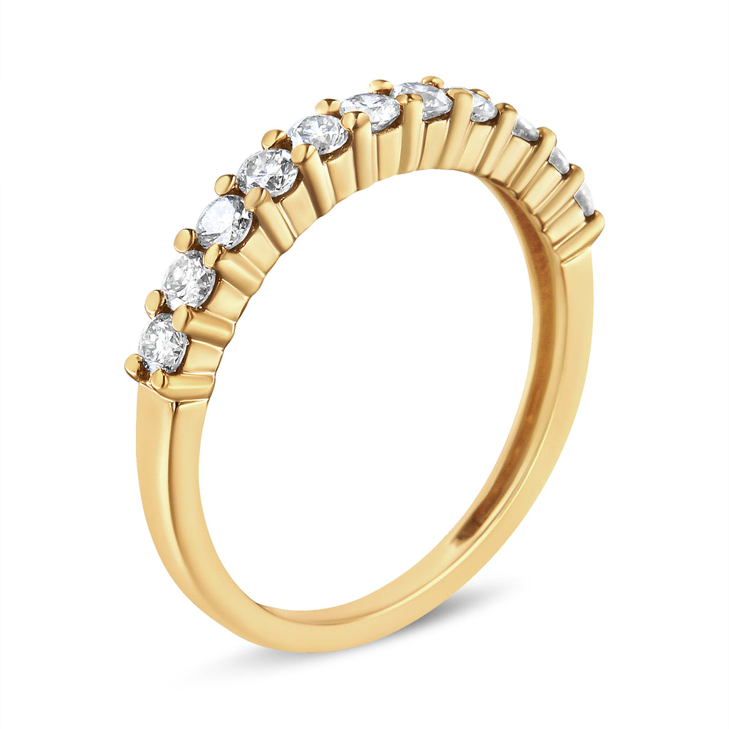 14K Yellow Gold Plated .925 Sterling Silver 1/2 cttw Shared Prong Set Brilliant Round-Cut Diamond 11 Stone Band Ring (J-K Color, SI1-SI2 Clarity) - Size 7