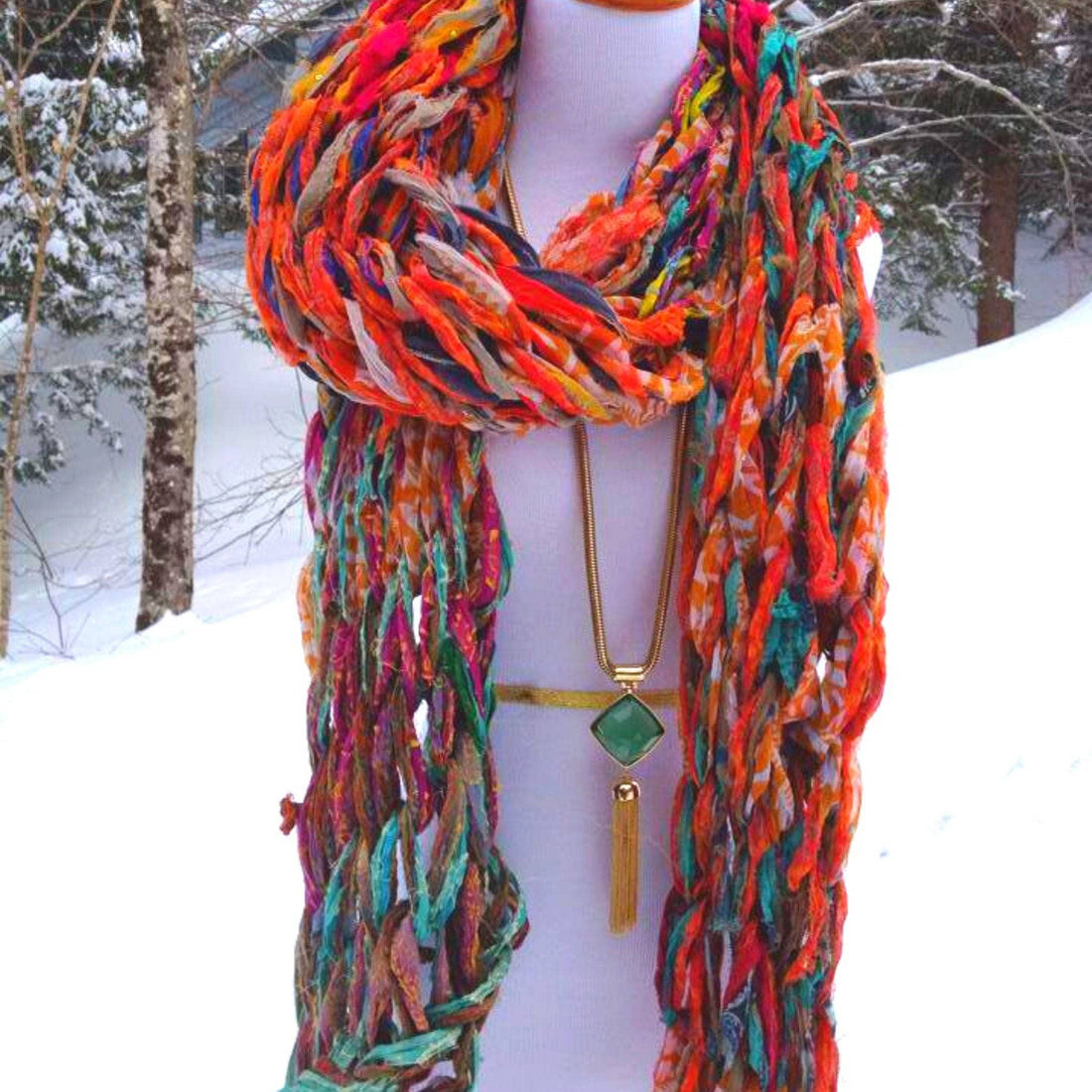 Close up of a chunky arm knit scarf made with a DIY craft kit