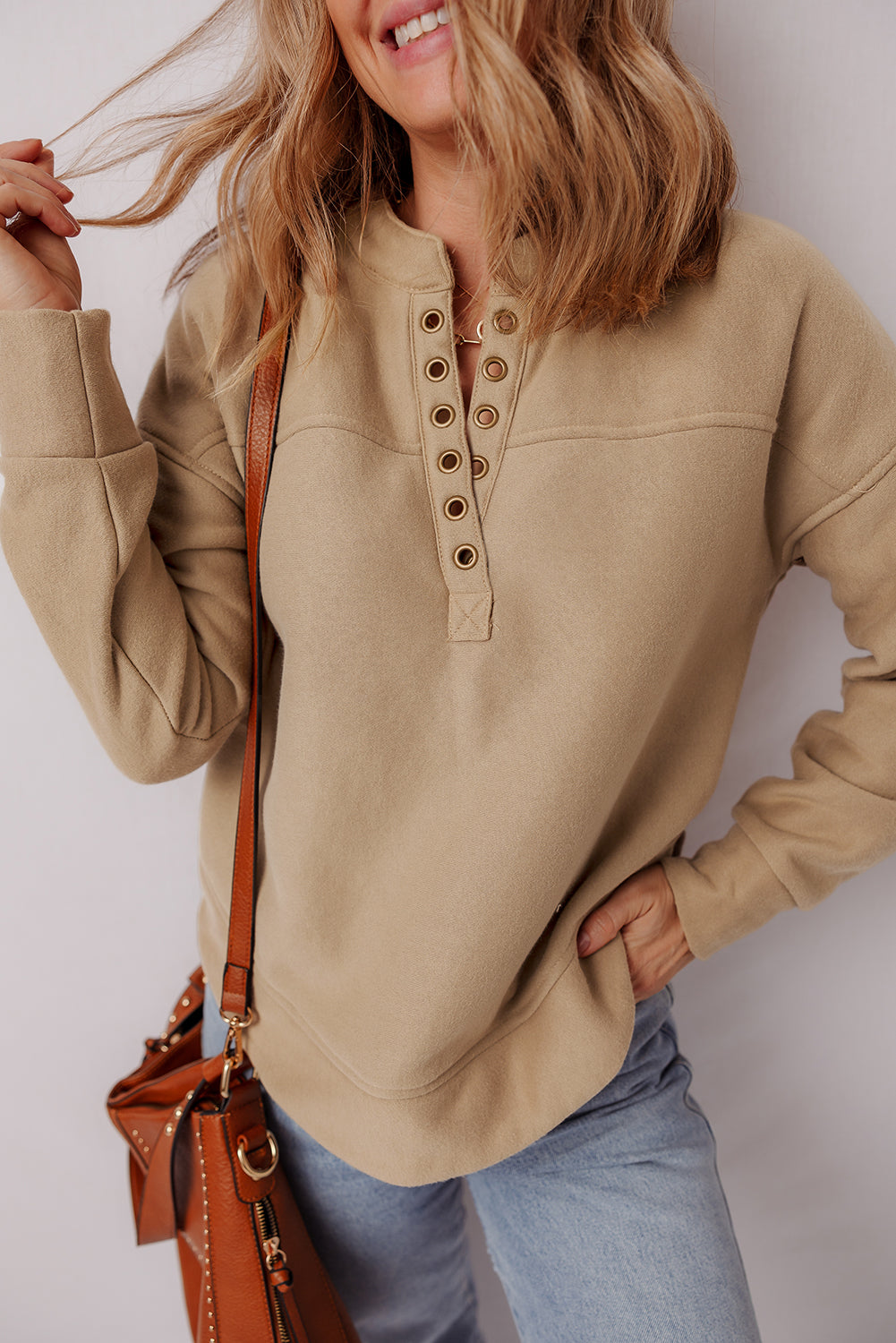 Women's Tan Grommet Detail Sweatshirt Long Sleeve Pullover