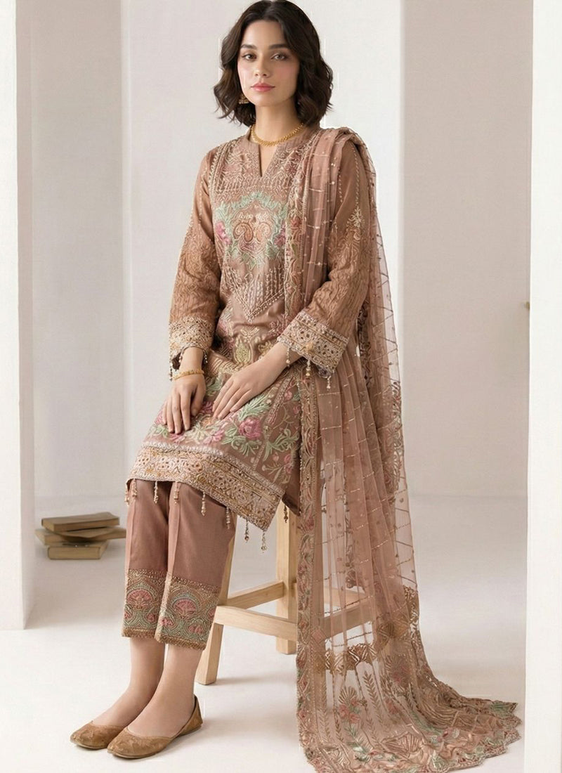 Light Brown Georgette Embroidered Designer Salwar Suit