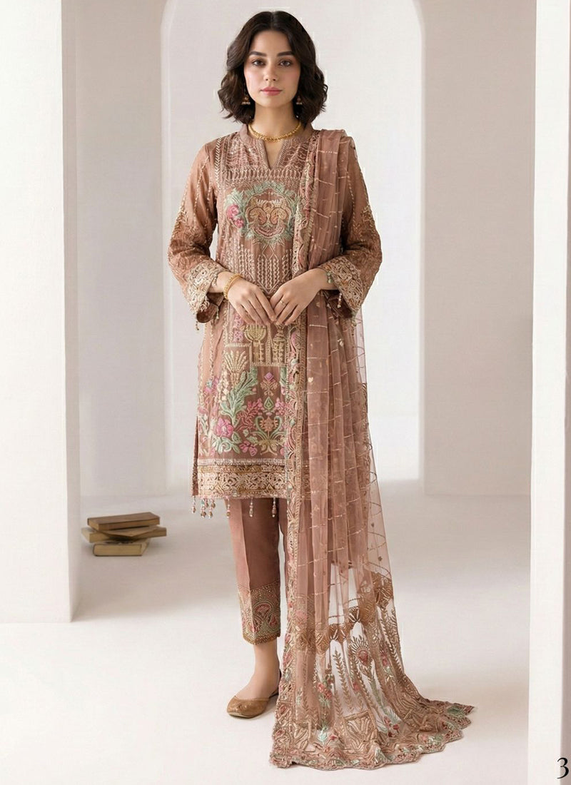 Light brown georgette designer salwar suit with elaborate Gota Patti embroidery for festive occasions.