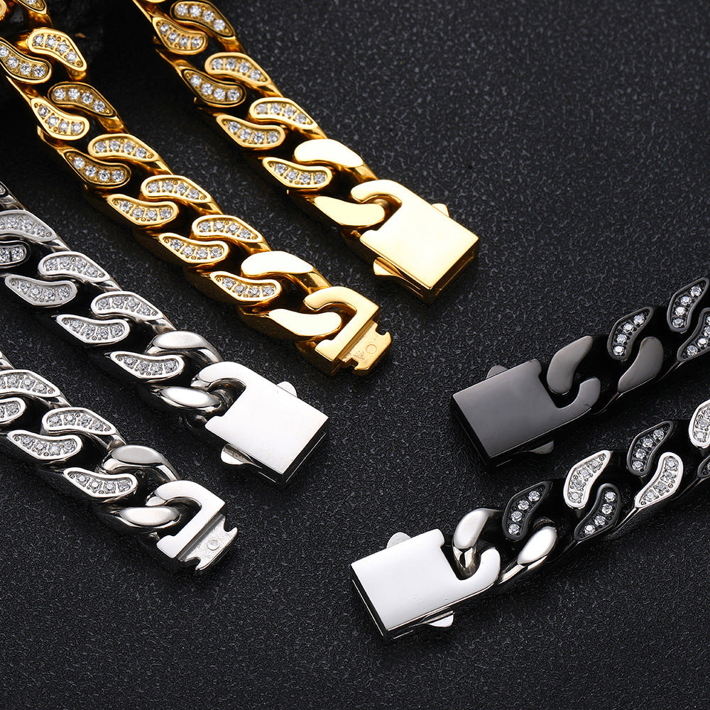 Zircon Cuban Titanium Steel Mens Bracelet