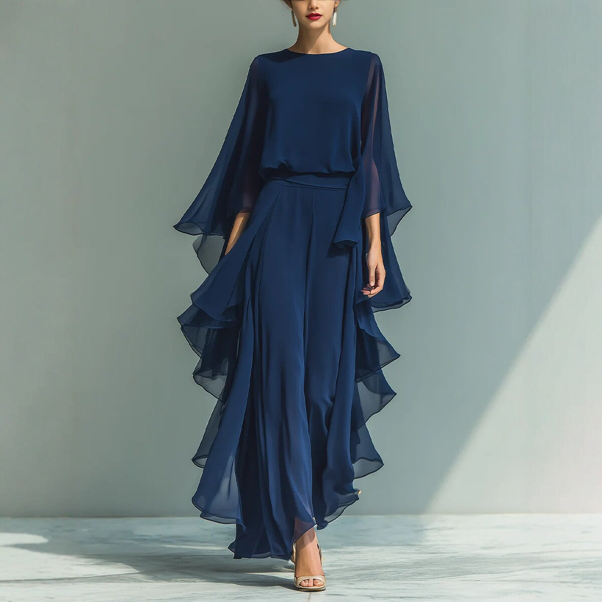 Deep Blue Ruffle Wide-Leg Pants Set - Elegant Two-Piece Outfit