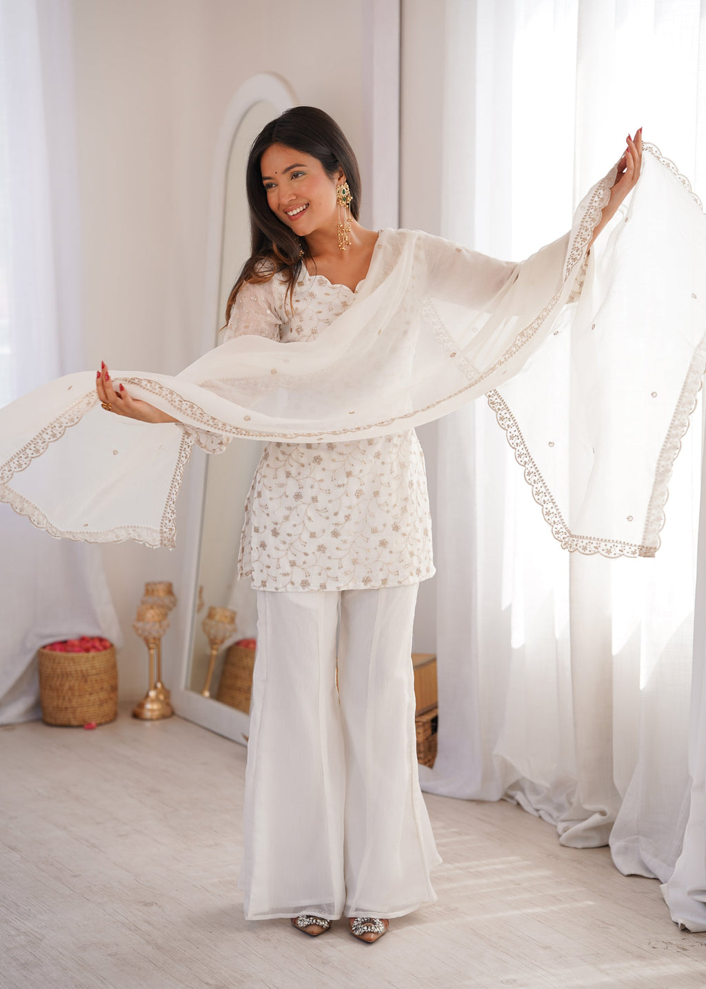 Offwhite Crunchy Silk Kurta with Bell Bottom Pants and Dupatta