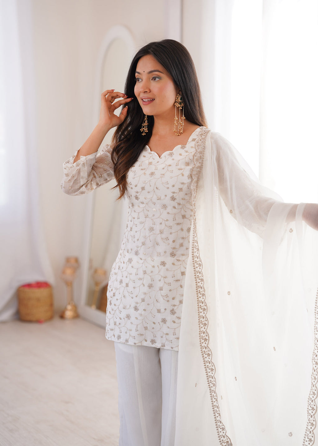 Offwhite Crunchy Silk Kurta with Bell Bottom Pants and Dupatta