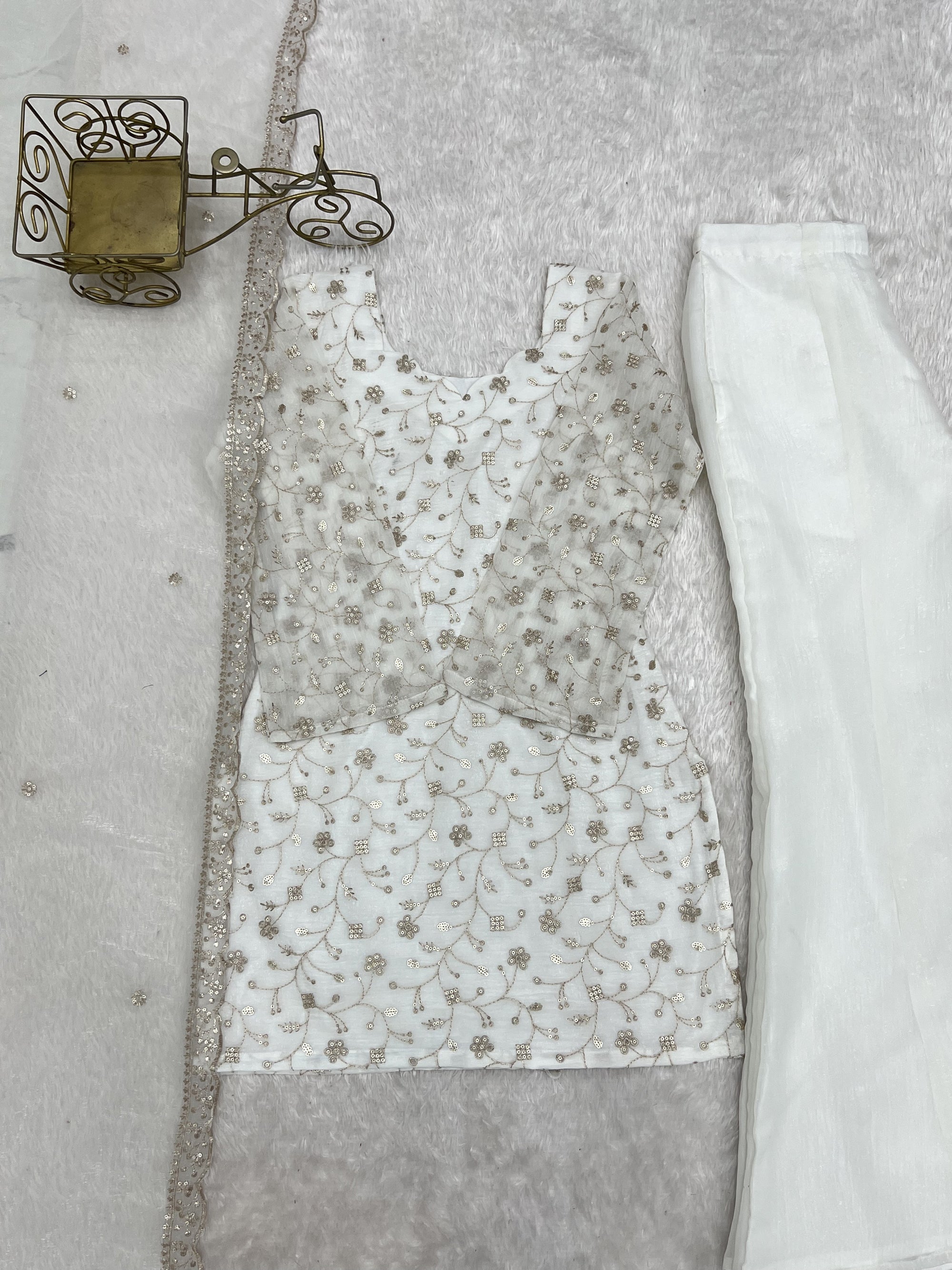 Offwhite Crunchy Silk Kurta with Bell Bottom Pants and Dupatta