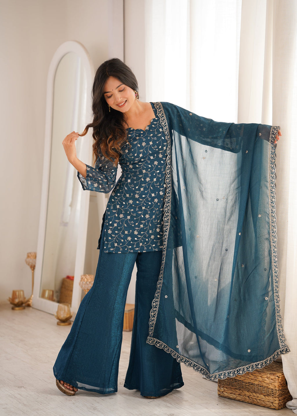 Rama Crunchy Silk Kurta with intricate embroidery, Jari work, and bell-bottom pants