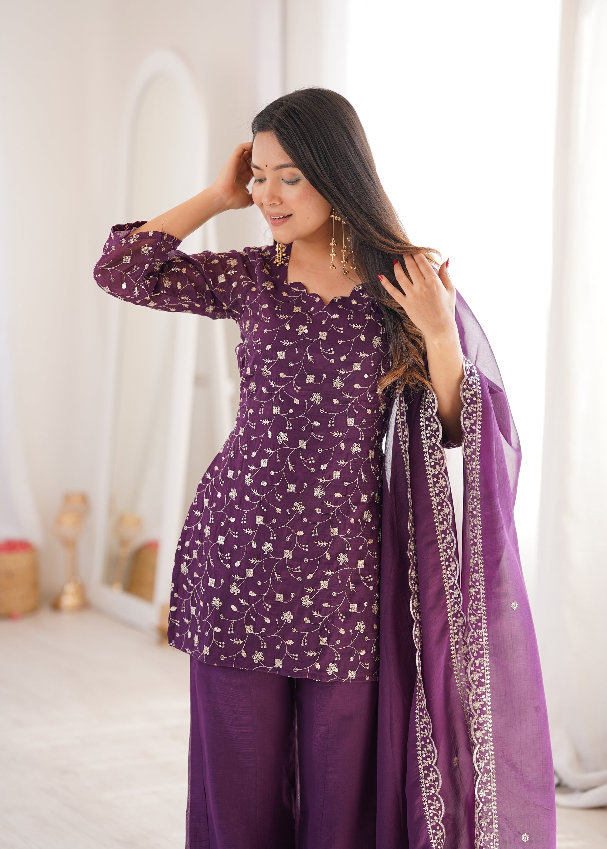 Wine Crunchy Silk Kurta Set with Bell Bottom Pants and Dupatta