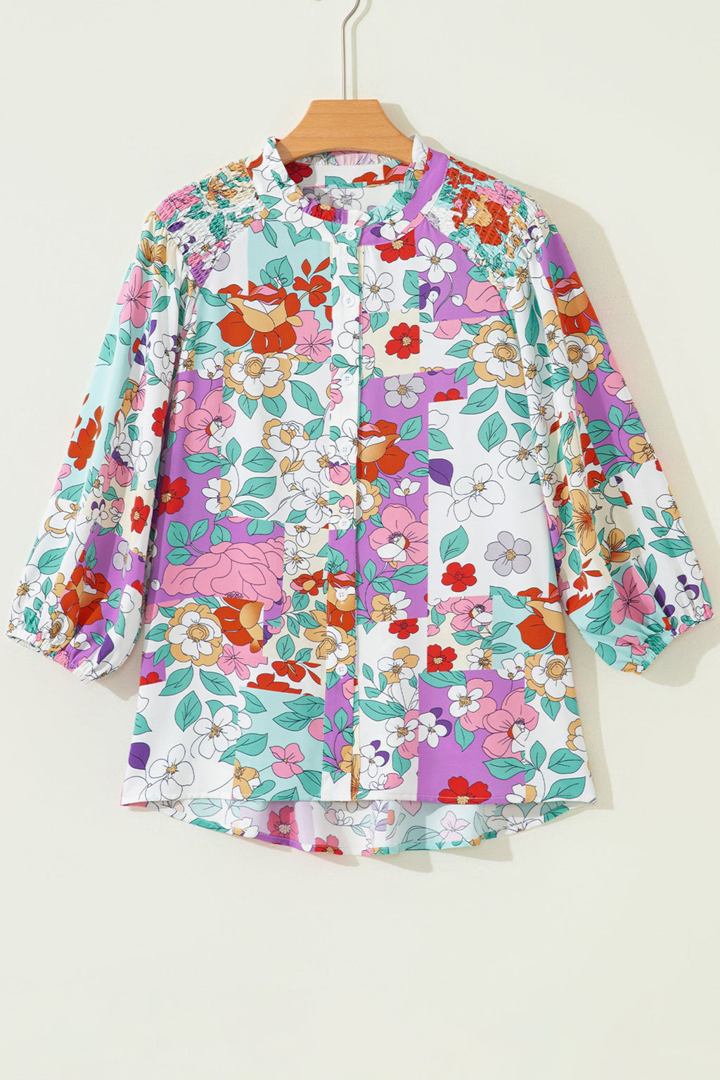 Pink Floral Patchwork Frilly Long Sleeve Shirt
