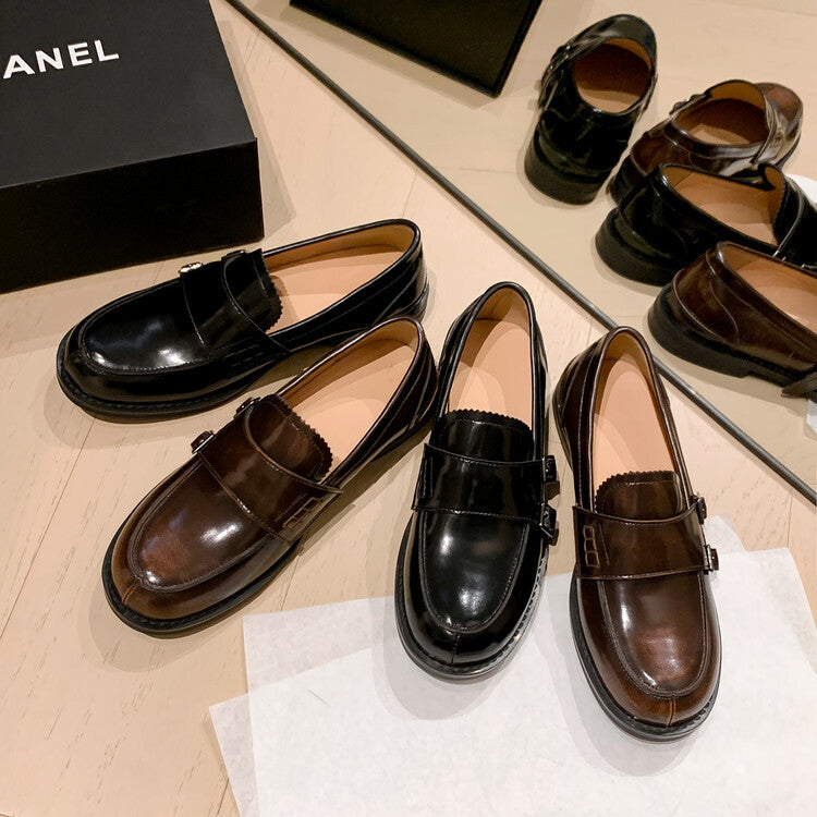 Women's chunky heel buckle loafer shoes in black and brown
