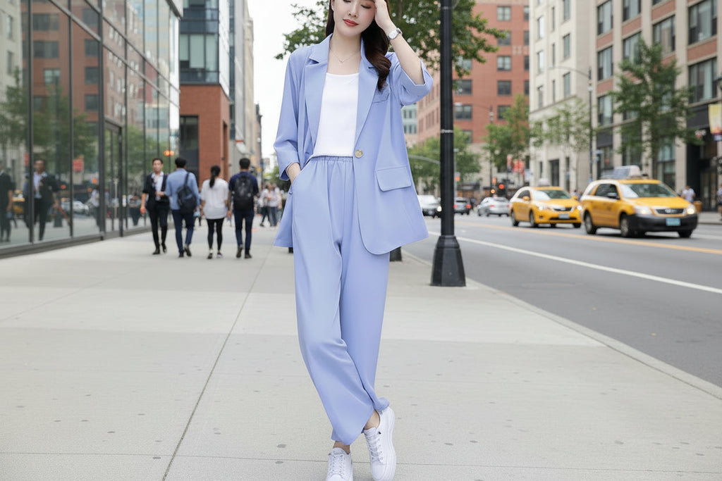 A woman wearing a light blue blazer and matching wide-leg pants with a white top and sneakers in an urban setting.