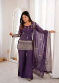 Purple crunchy silk kurta set with embroidery and jari work paired with bell bottom pants and a dupatta
