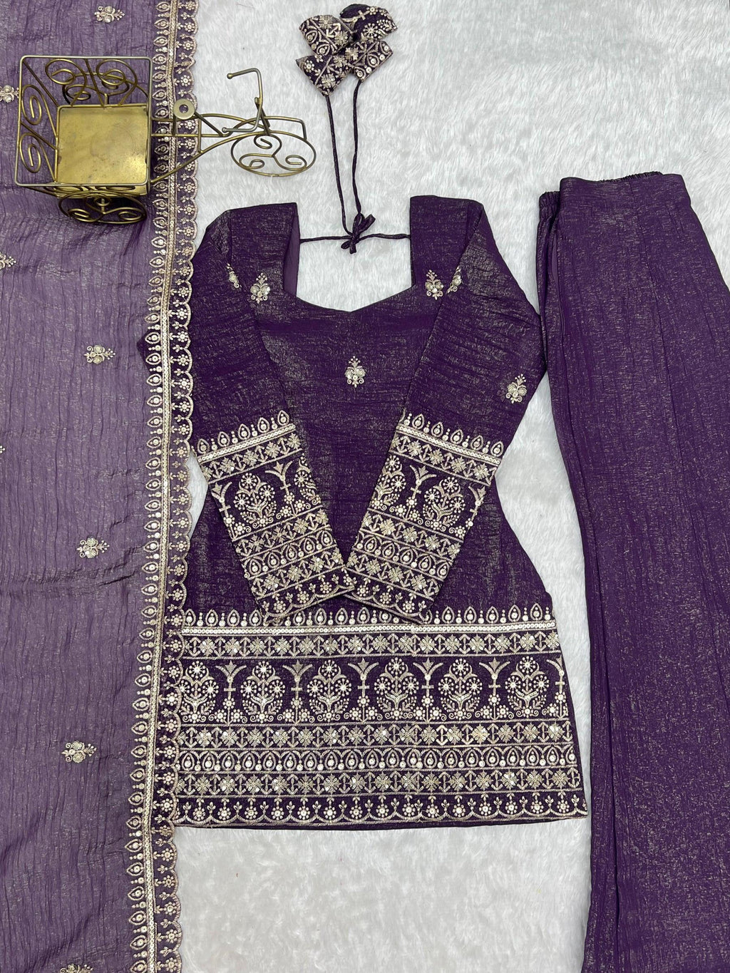 Purple Crunchy Silk Kurta Set with Bell Bottom Pants and Dupatta