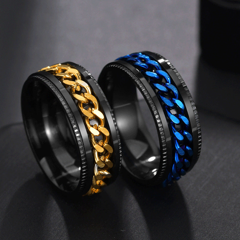 Stainless Steel Rotating Cuban Chain Spinner Ring For Men