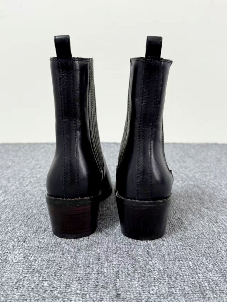 Women’s Retro Square-Toe Mid-Heel Chunky Leather Boots