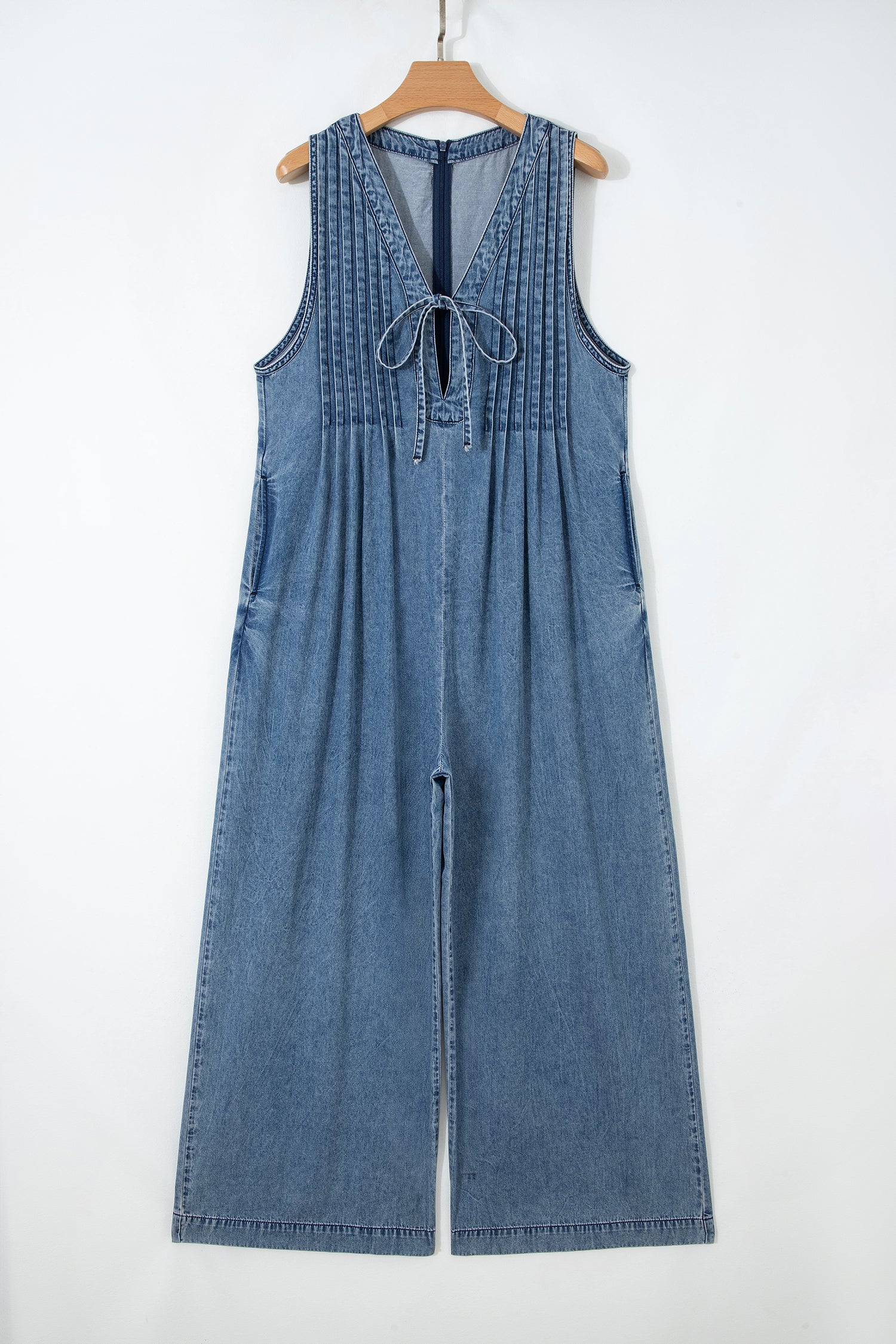 Acid Wash Denim Pleated V-Neck Jumpsuit - Relaxed Wide-Leg Fit