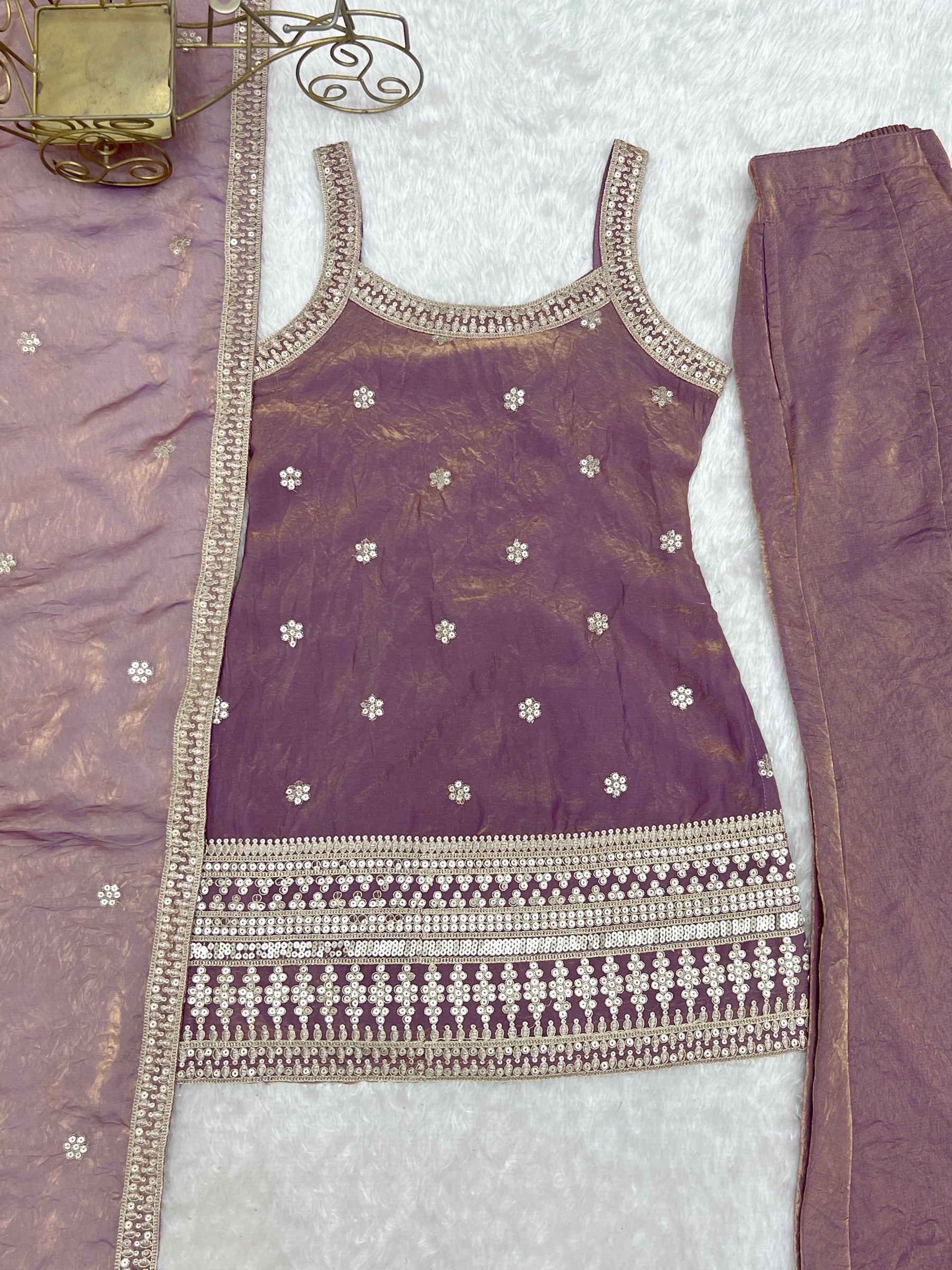 Dustypink Fendy Silk Embroidered Kurta with Bell Bottoms & Dupatta