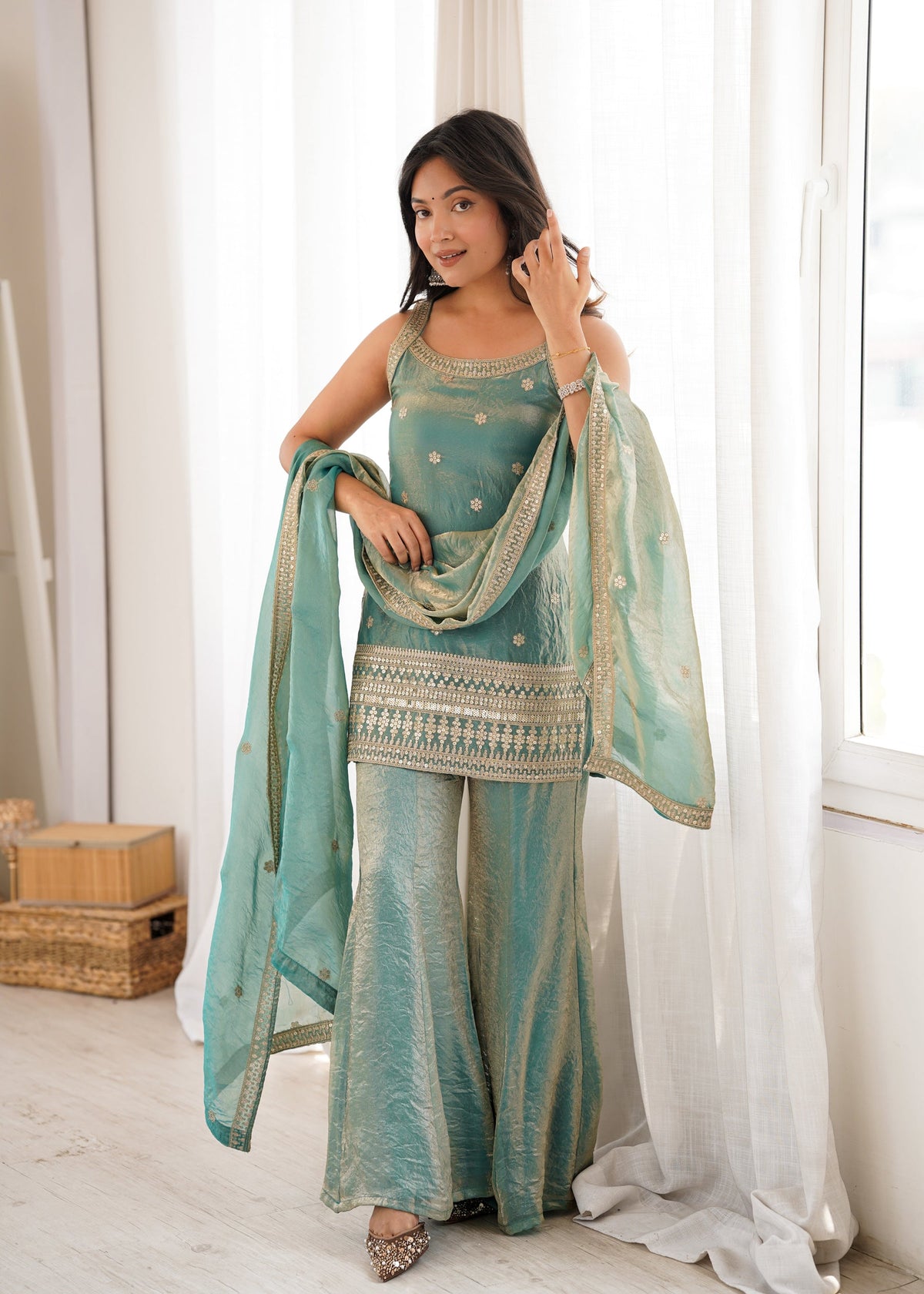 Seagreen Fendy Silk kurta set with embroidery, sequence, jari work and bell bottom pants