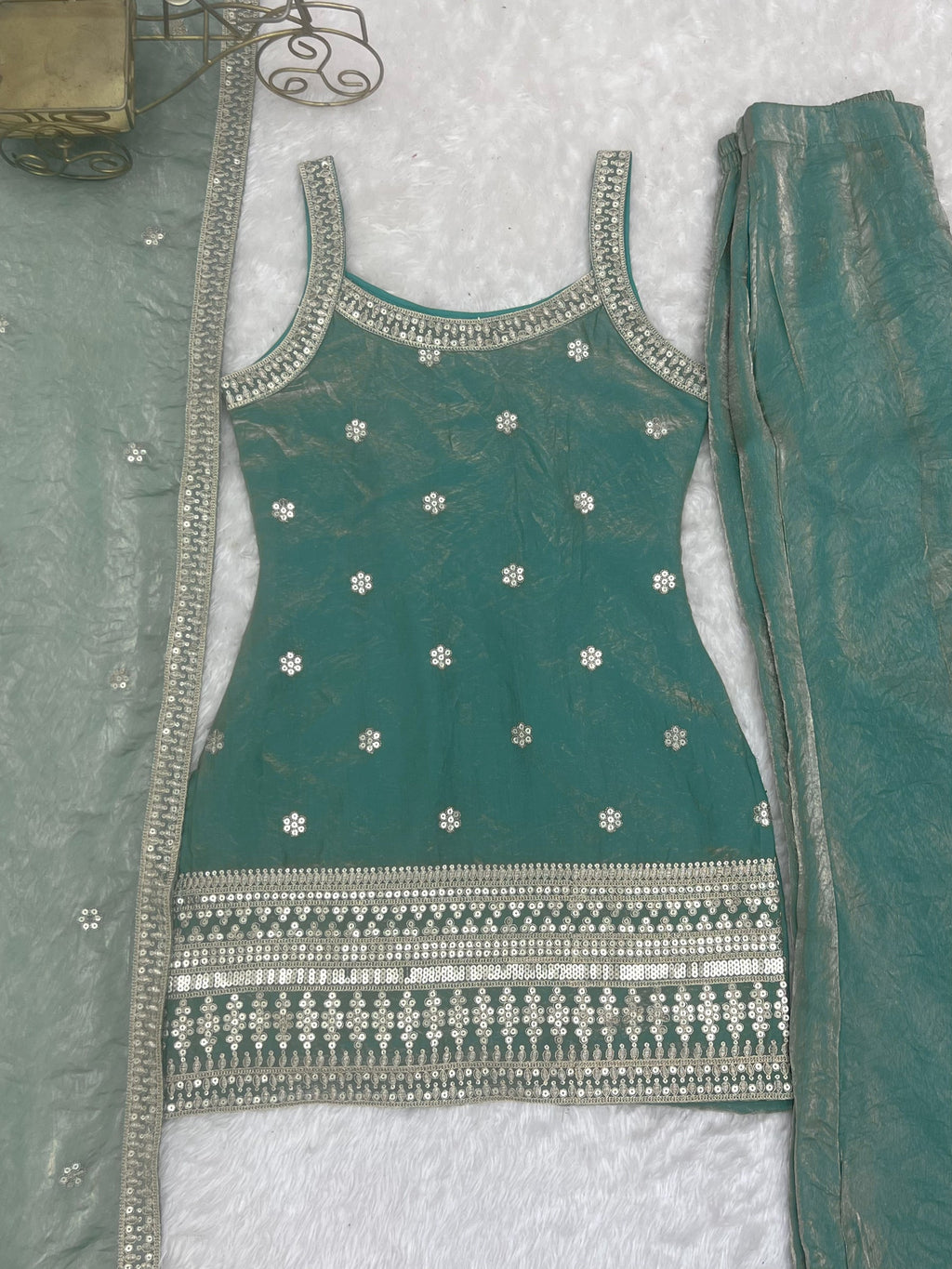 Seagreen Fendy Silk Embroidered Suit Set with Bell Bottom Pants