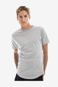 A man wearing a heather grey long-line t-shirt with a curved scalloped hem