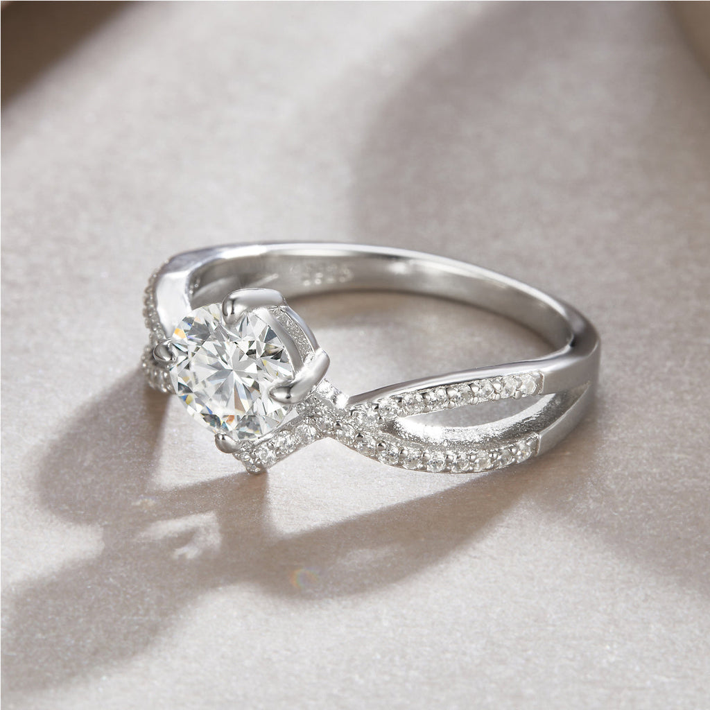 S925 Silver 3.3g Platinum Plated Moissanite Ring, 1ct 6.5mm D VVS1 Criss Cross Band, GRA Certified US 5-9
