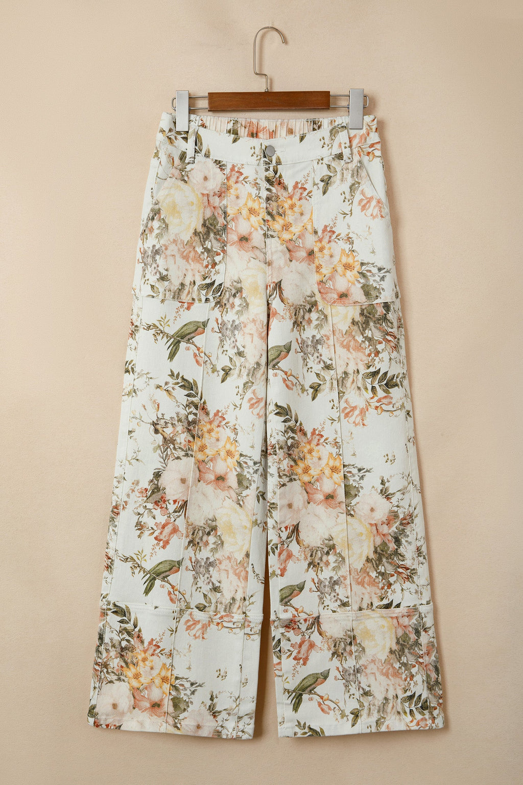 Floral High Waist Wide Leg Denim Jeans in Off-White and Multicolor