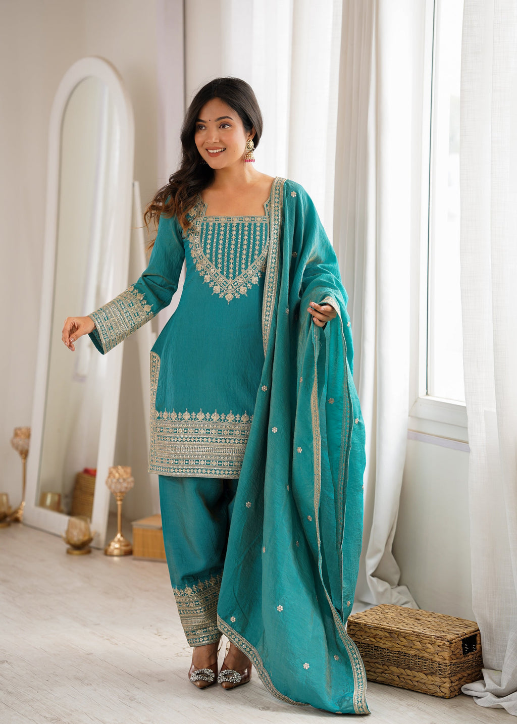 Teal Vichitra Silk Embroidered Kurta with Farshi Salwar and Dupatta