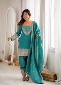 Teal Vichitra Silk Embroidered Kurta with Farshi Salwar and Dupatta