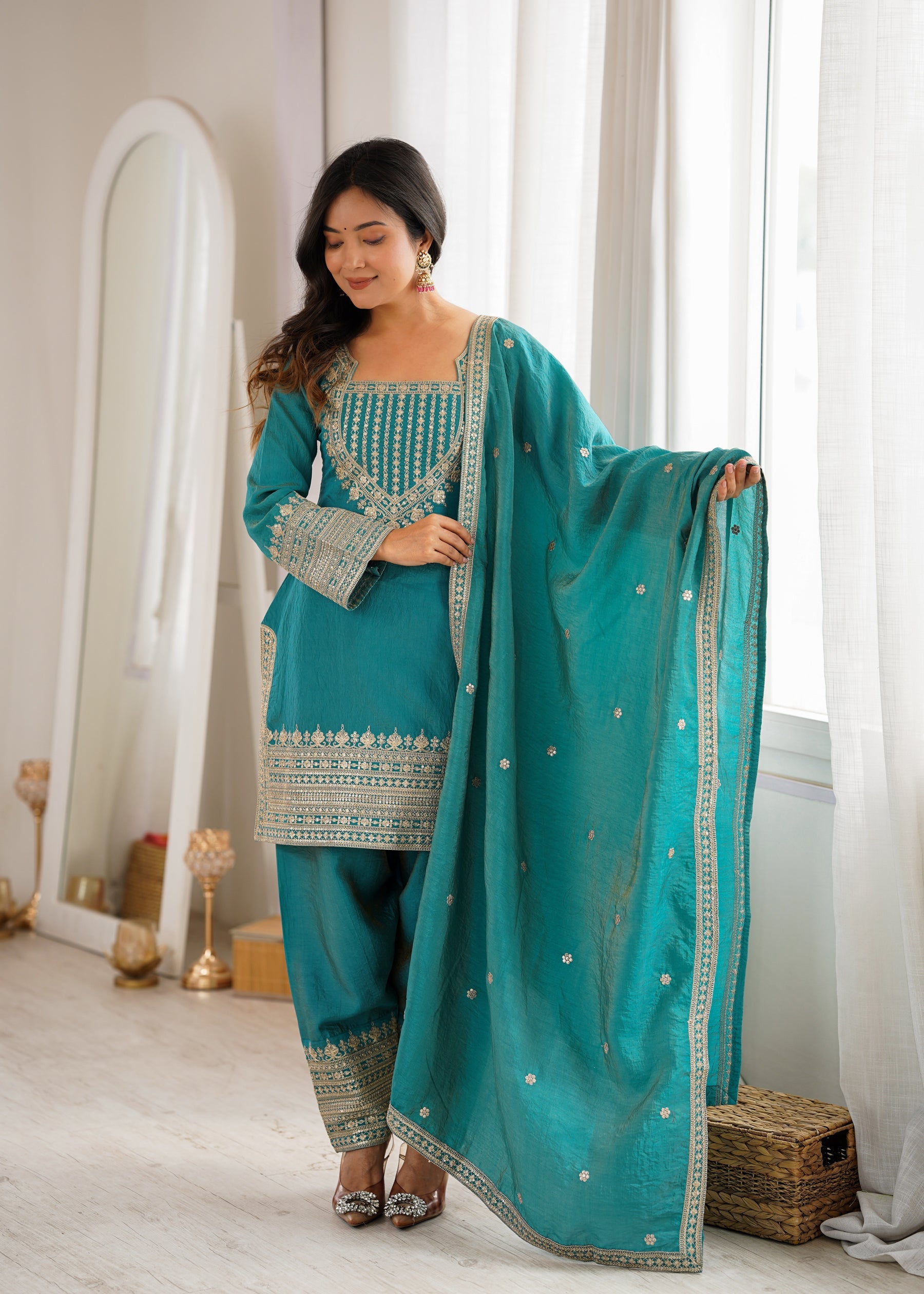 Teal Vichitra Silk Embroidered Kurta with Farshi Salwar and Dupatta