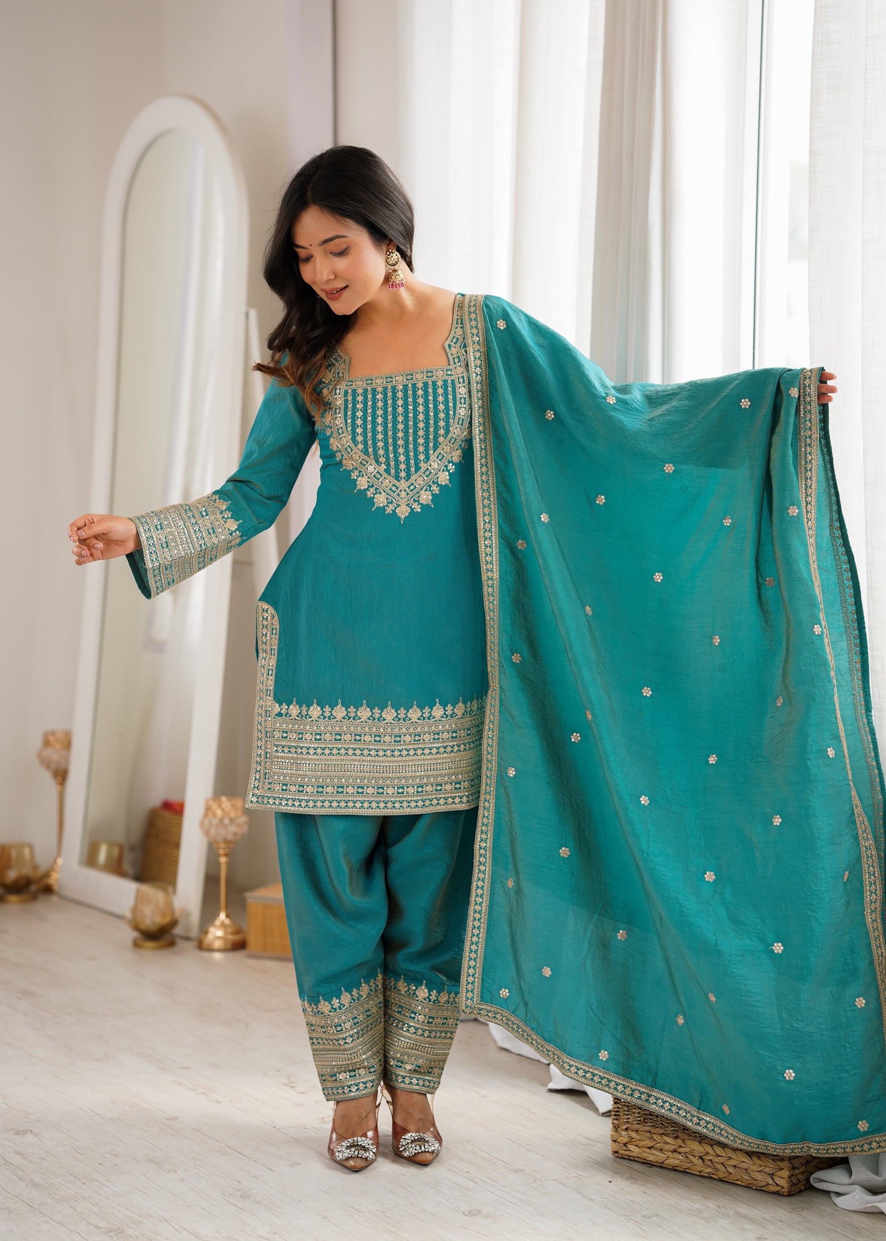 Teal Vichitra Silk Embroidered Kurta with Farshi Salwar and Dupatta