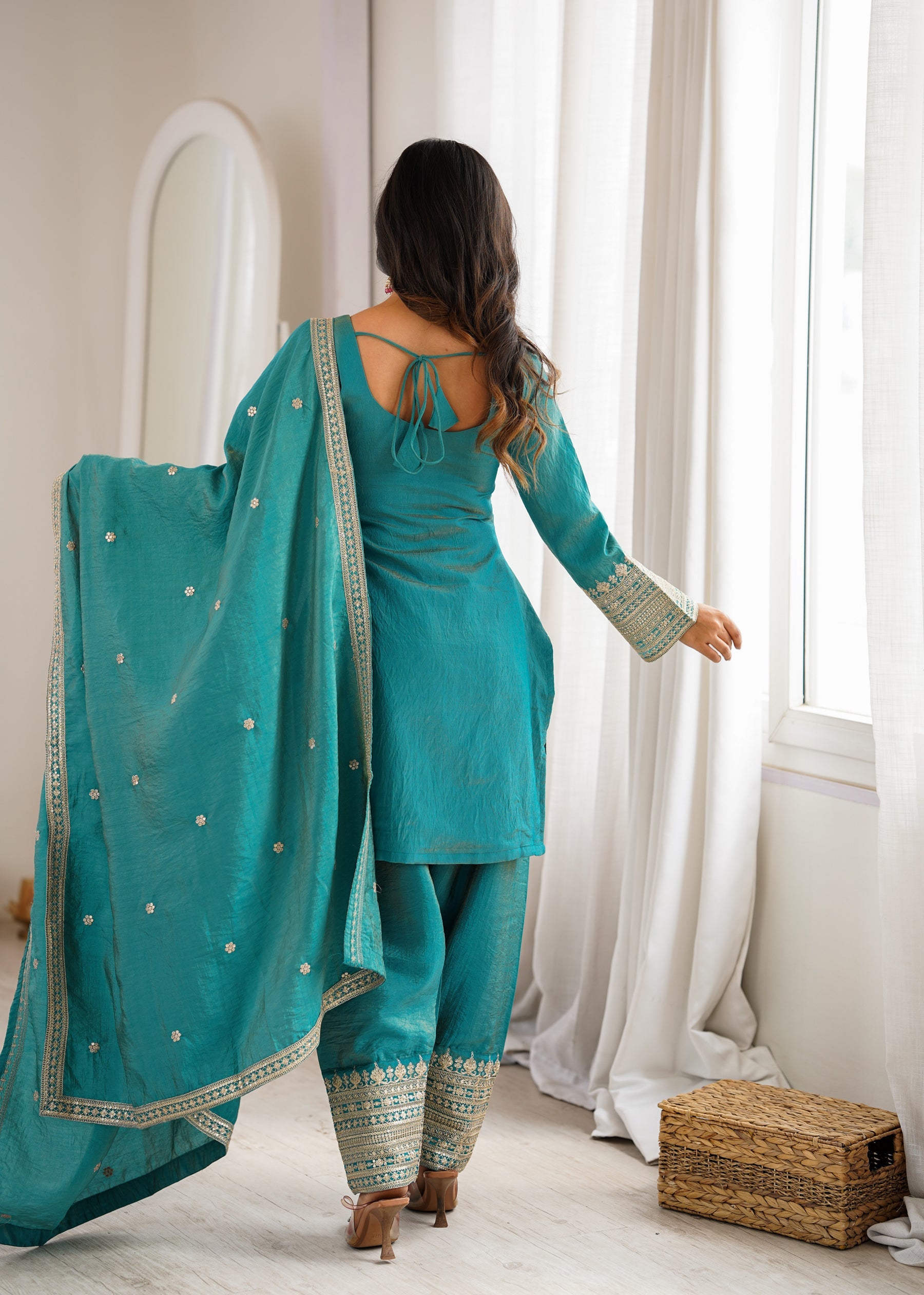 Teal Vichitra Silk Embroidered Kurta with Farshi Salwar and Dupatta