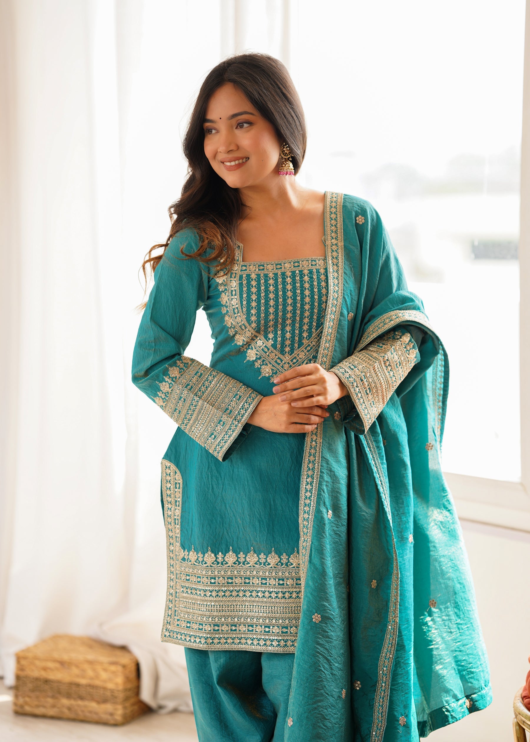 Teal Vichitra Silk Embroidered Kurta with Farshi Salwar and Dupatta