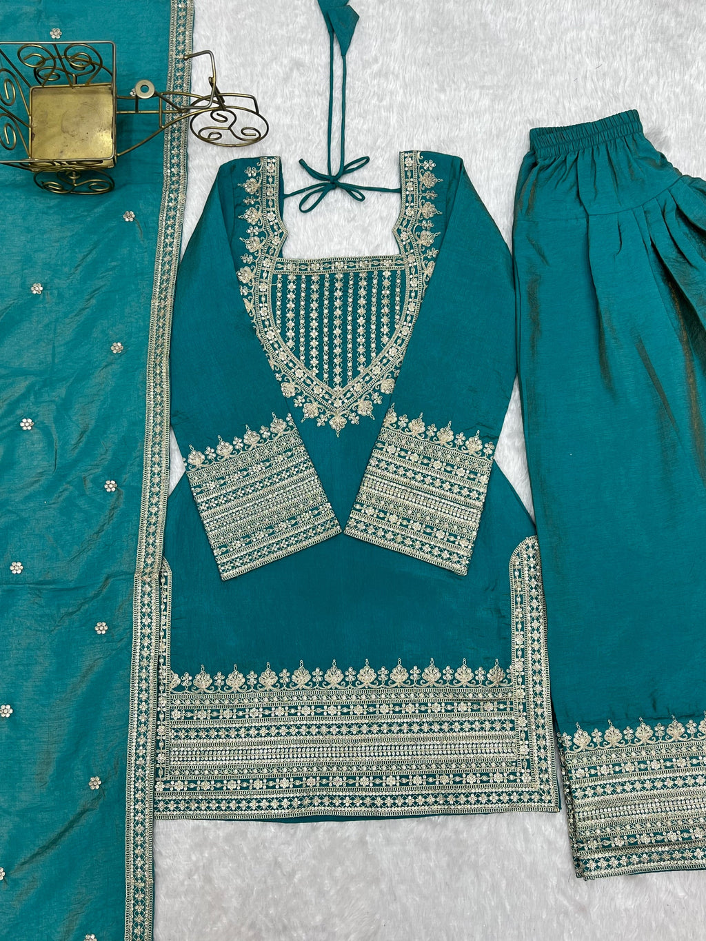 Teal Vichitra Silk Embroidered Kurta with Farshi Salwar and Dupatta