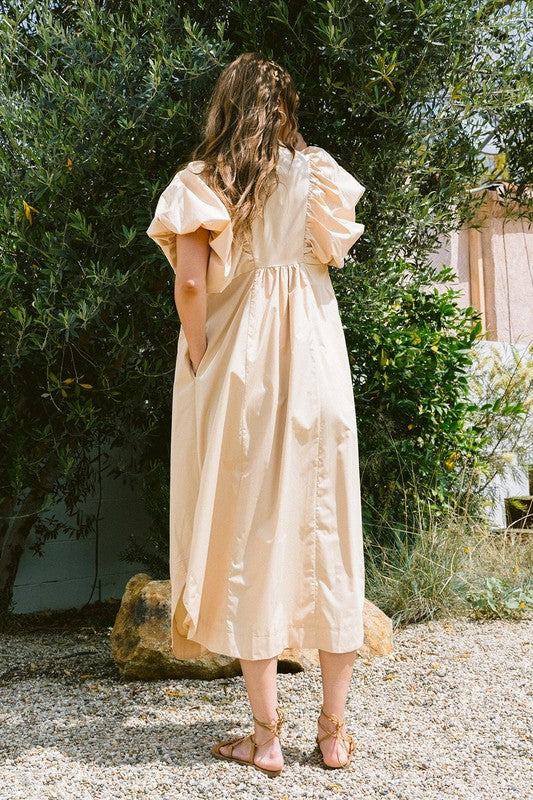 Smocked Puff Sleeve Midi Dress with Feminine Silhouette