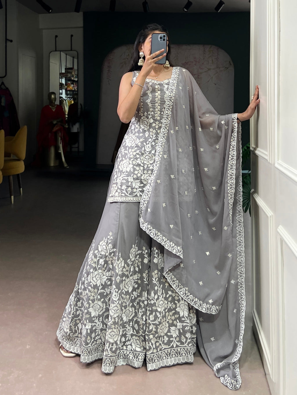 Star Georgette Sequins and Thread Embroidery Kurta Palazzo Set