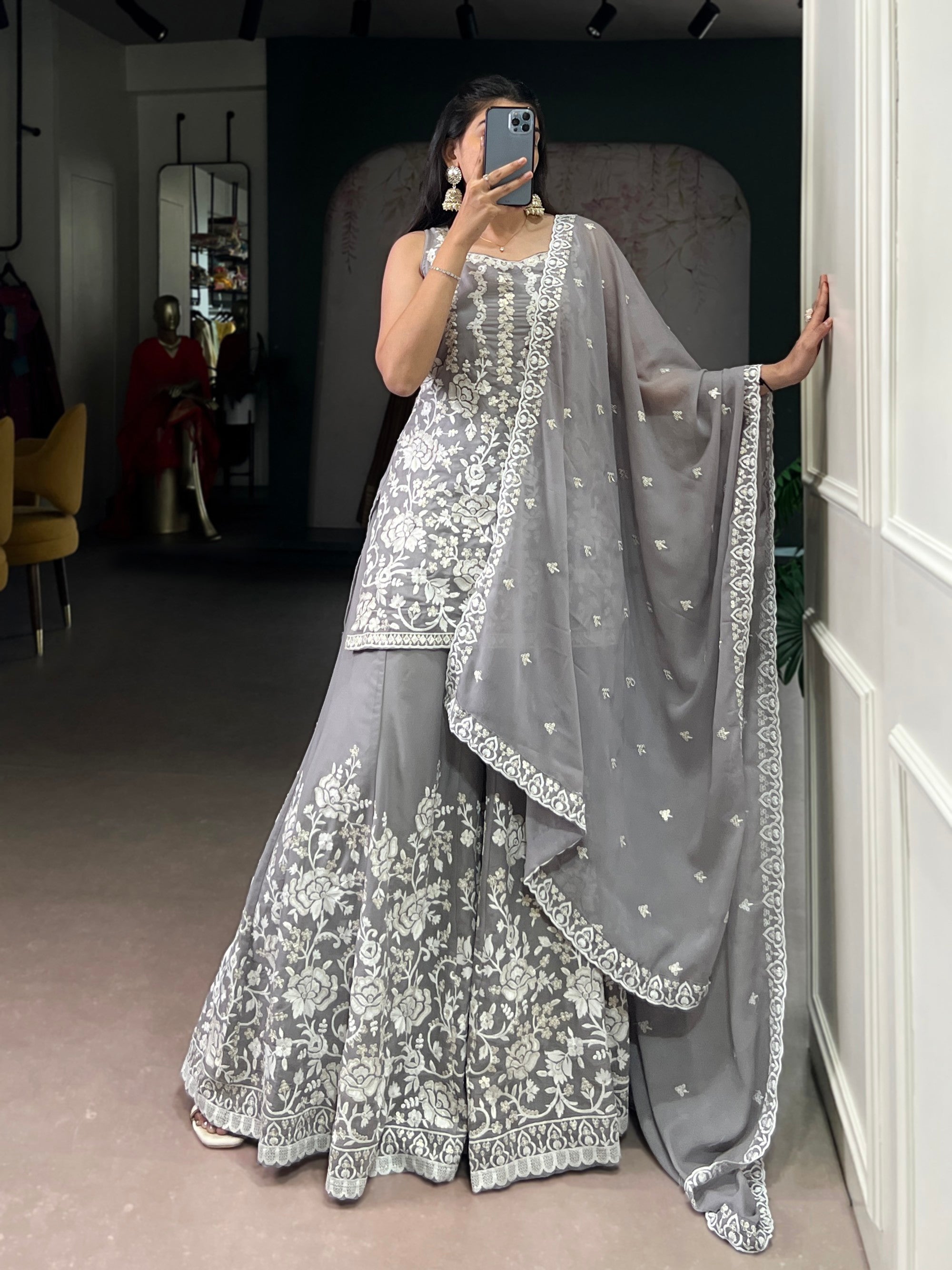 Star Georgette Sequins and Thread Embroidery Kurta Palazzo Set