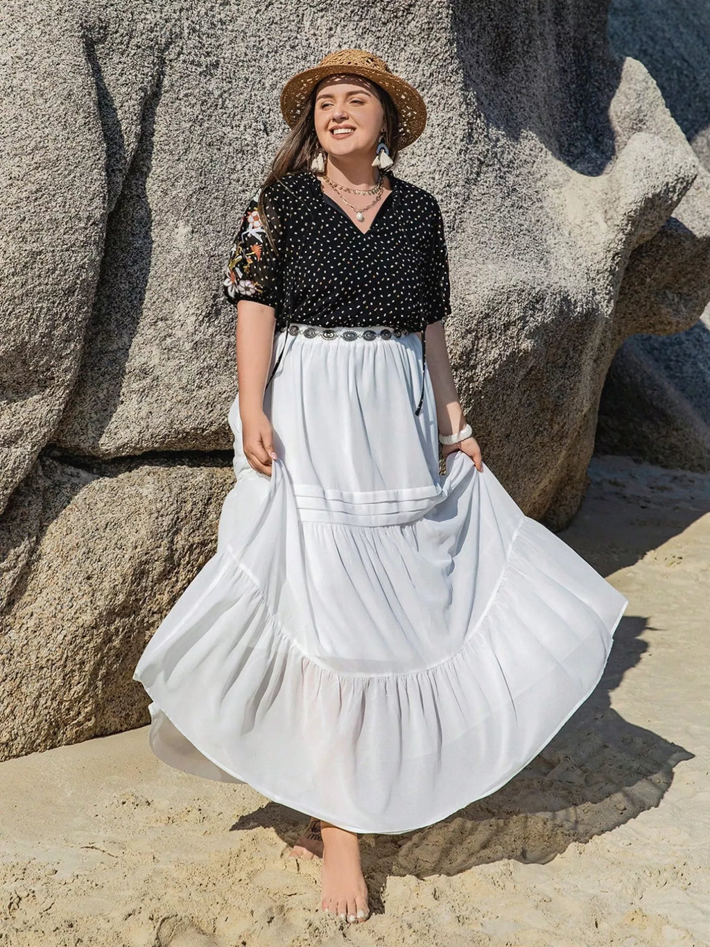 Plus Size Printed Tie Neck Half Sleeve Blouse