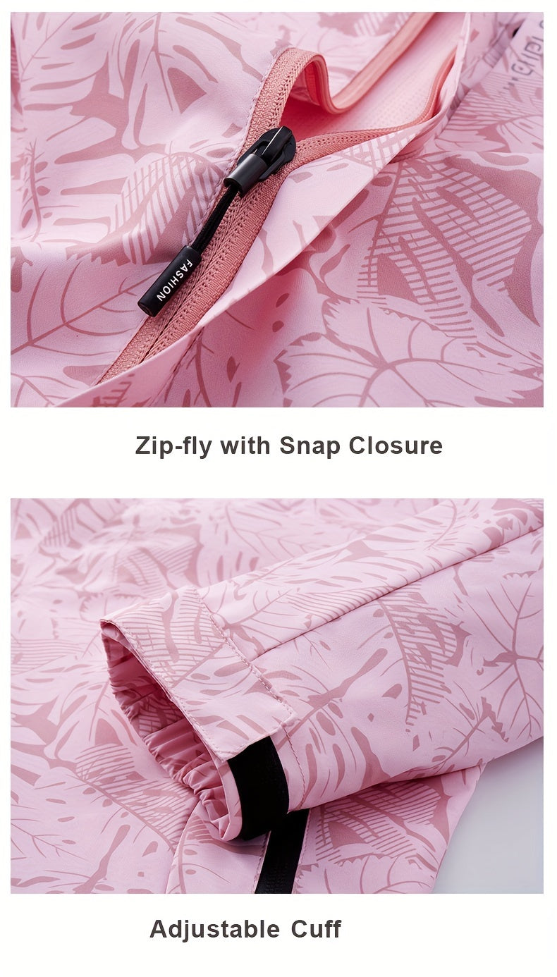 Women's Tropical Leaf Print Lightweight Windproof Hooded Jacket - Image 23
