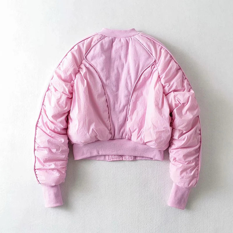 Women's Pink Harajuku Cropped Bomber Jacket with Pockets - Image 2