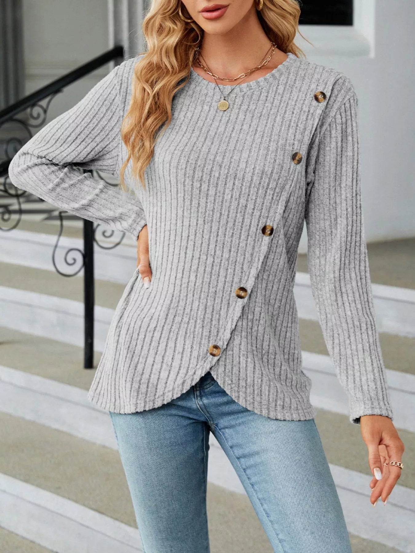 Blue Ribbed Knit Long Sleeve Top with Decorative Button Detail - Image 5