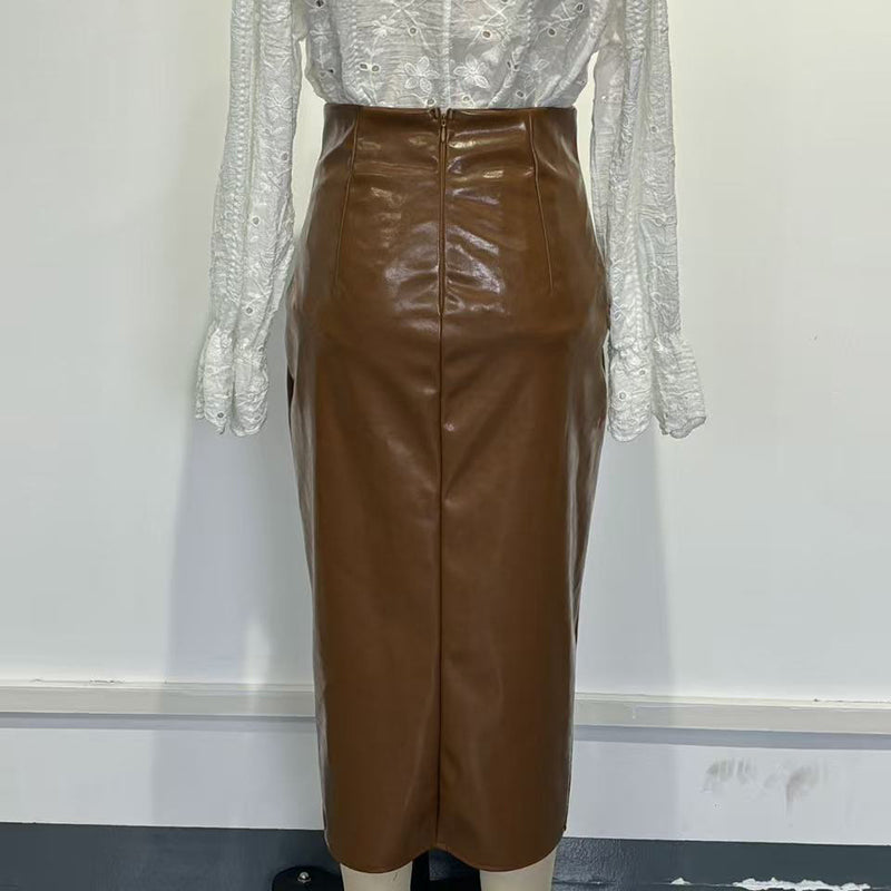 Women's Faux Leather High-Waisted Button Front Midi Skirt