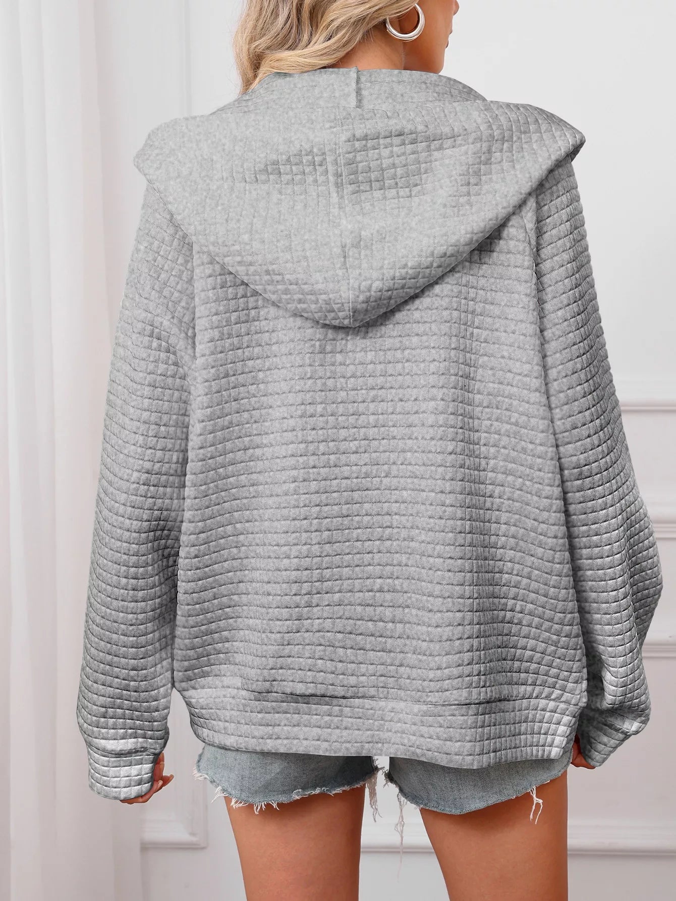 Full Size Textured Quilted Zip-Up Hooded Jacket Plus Size