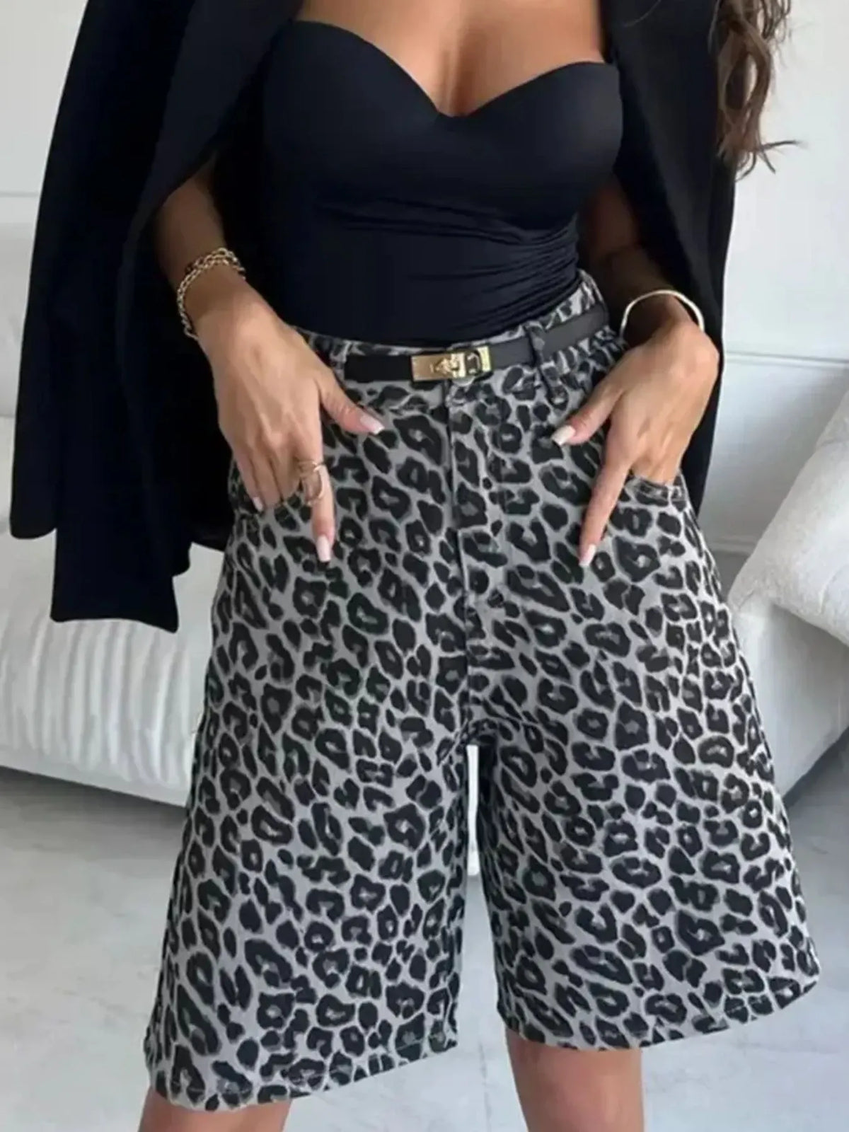 Leopard Print High-Waisted Casual Shorts