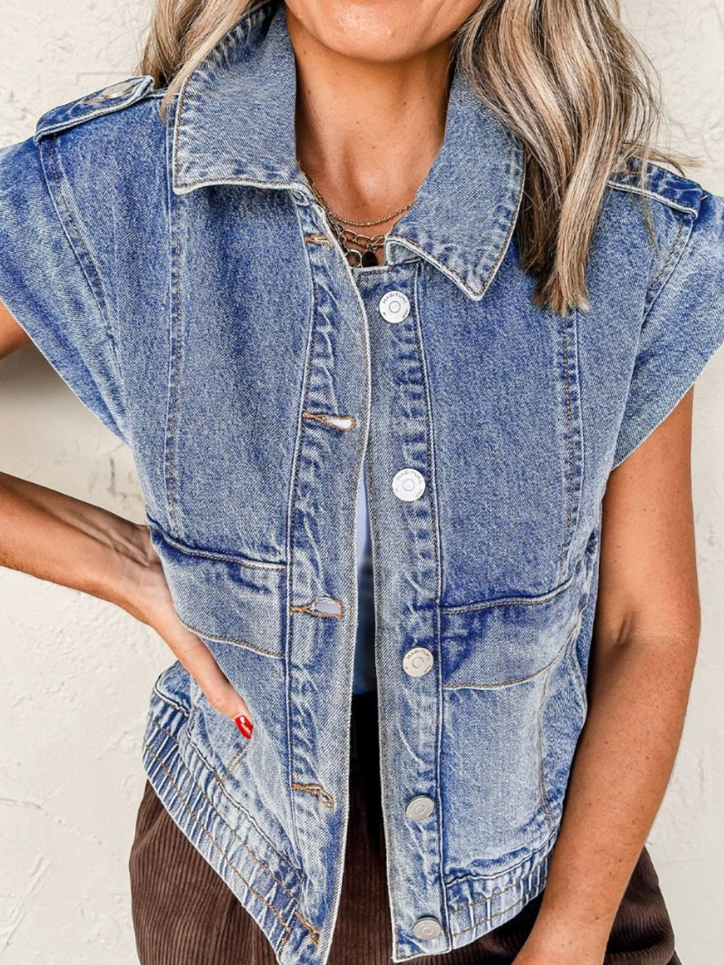 Button Up Cap Sleeve Denim Jacket | Classic Cotton Blend
