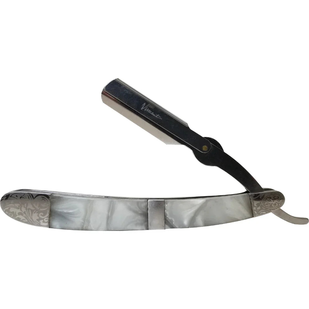 Vincent Sigma Staccato metallic silver and white pearl razor in a wooden case