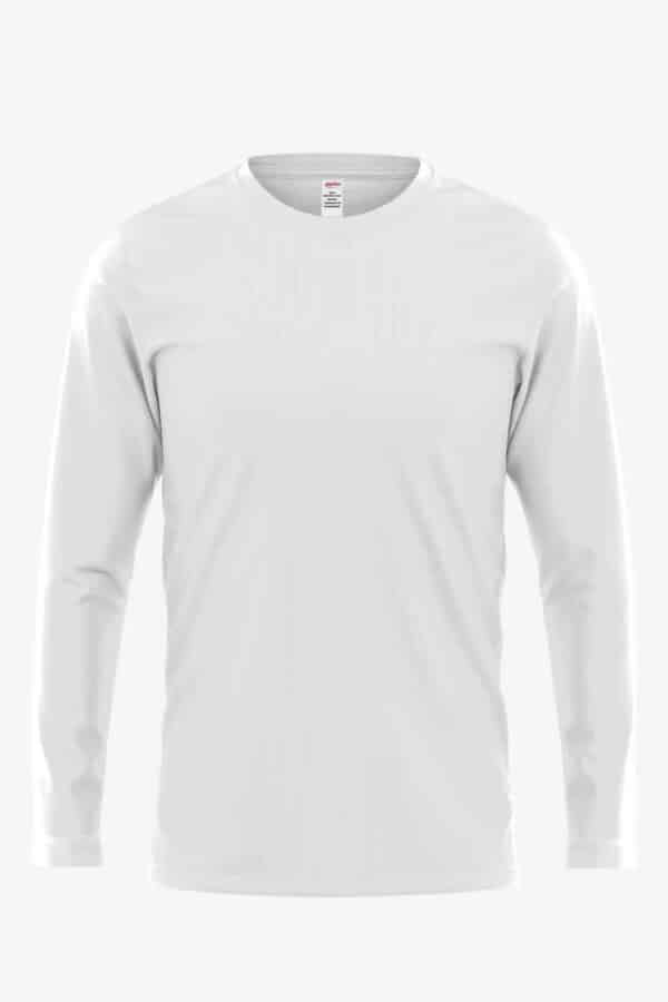 White long sleeve crewneck t-shirt in PFD fabric viewed from front and back