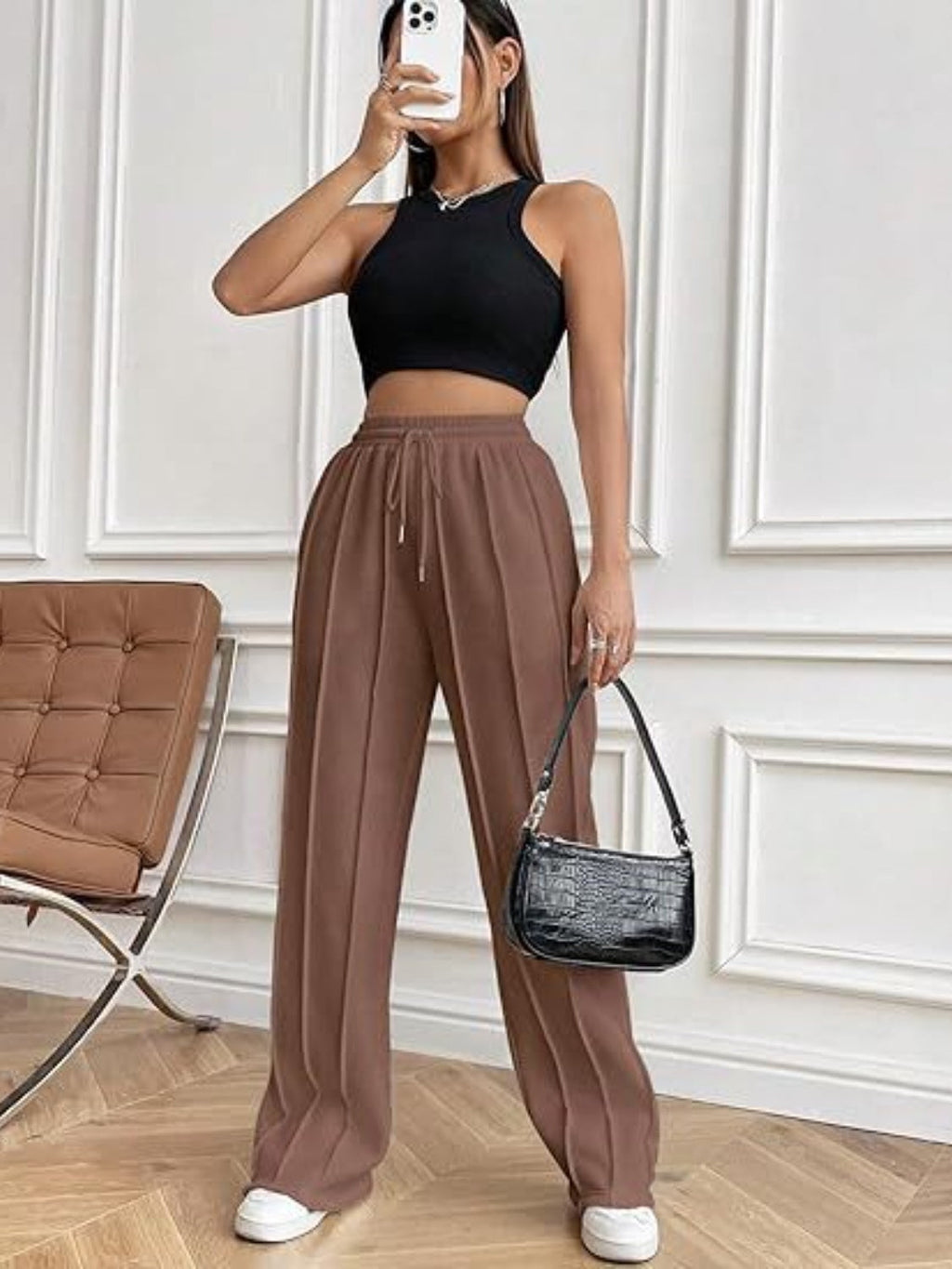 Women's High-Waisted White Drawstring Wide Leg Pants with Pockets - Image 20